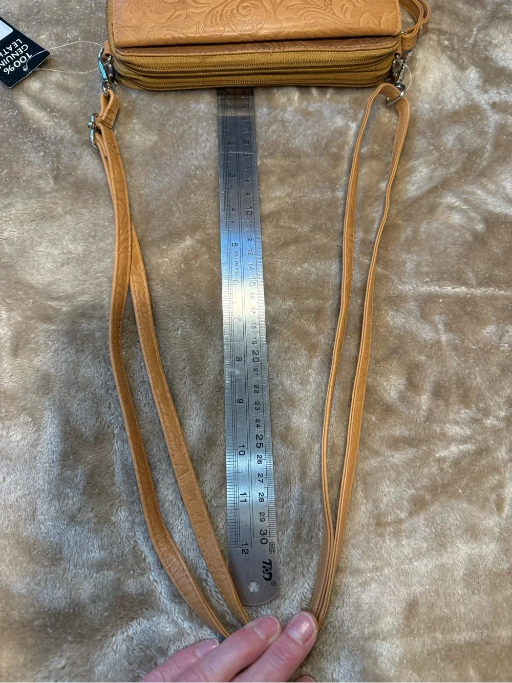 Tan Floral Embossed Genuine Leather Wristlet Wallet